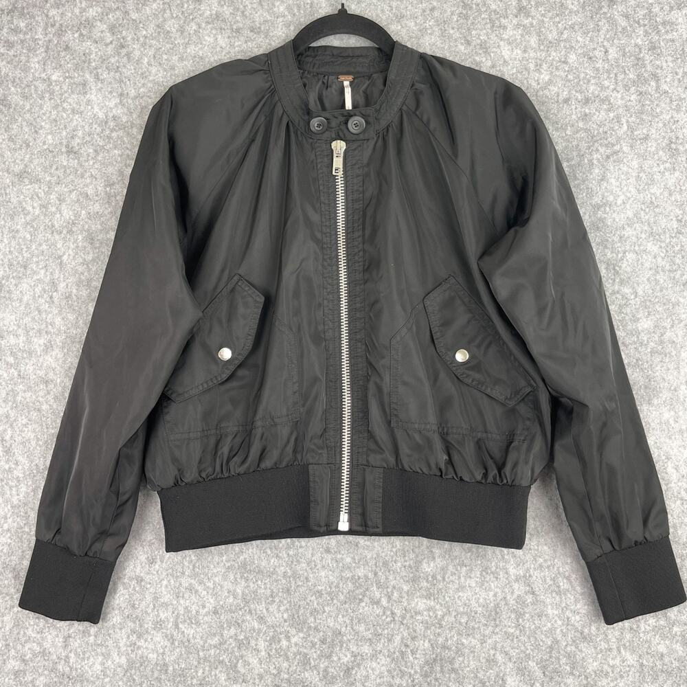 Free People Midnight Bomber Jacket Womens Small Black Full Zip Utility Casual